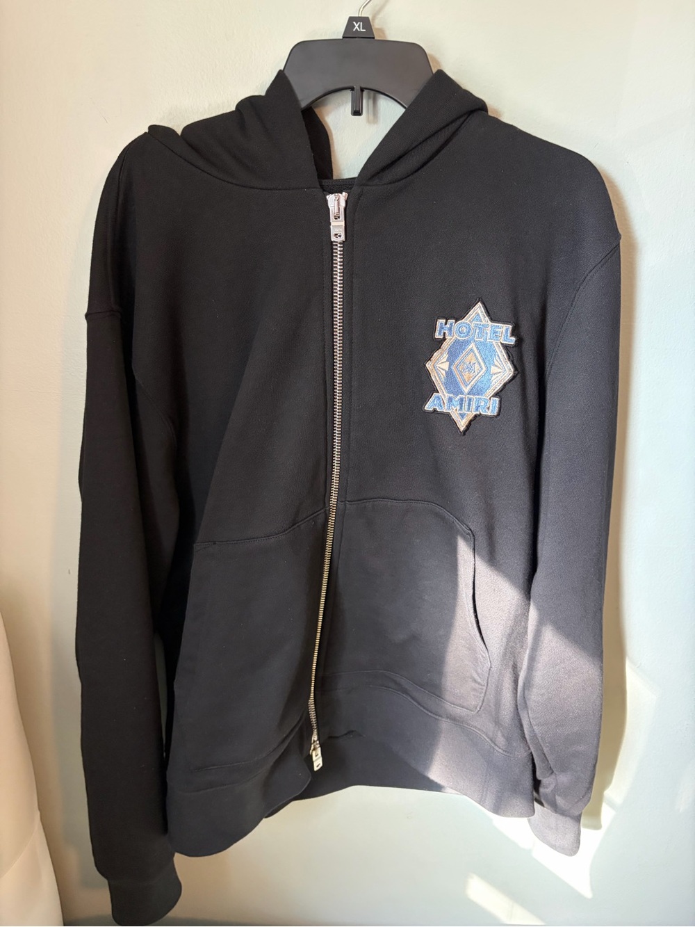 AMIRI Black Zip-Up Hoodie with Blue & White Patch